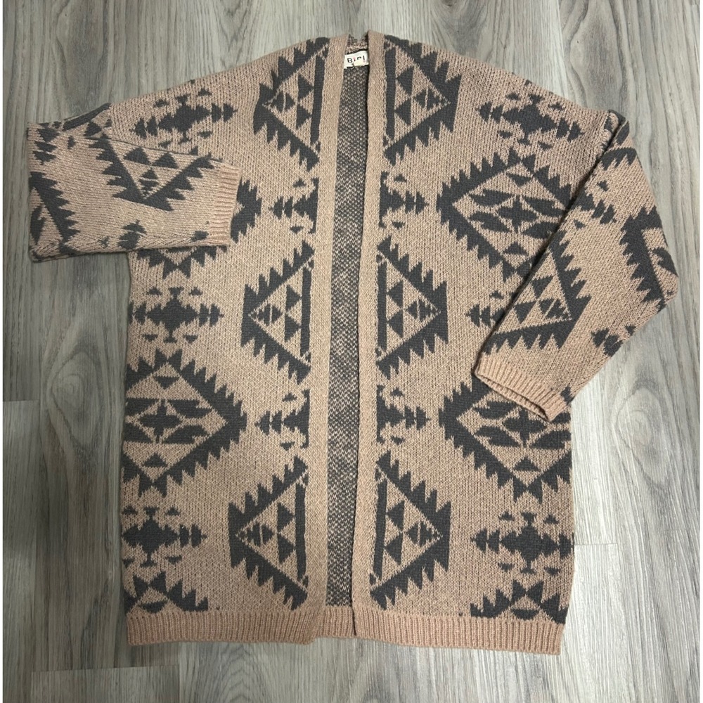 BIBI Women's Geometric Pattern Open Front Cardigan‎ Sweater Tan Gray Size S